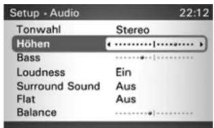 Setup - Audio 22:12 Tonwahl Stereo Höhen Bass Loudness Ein Surround Sound Aus Flat Aus Balance