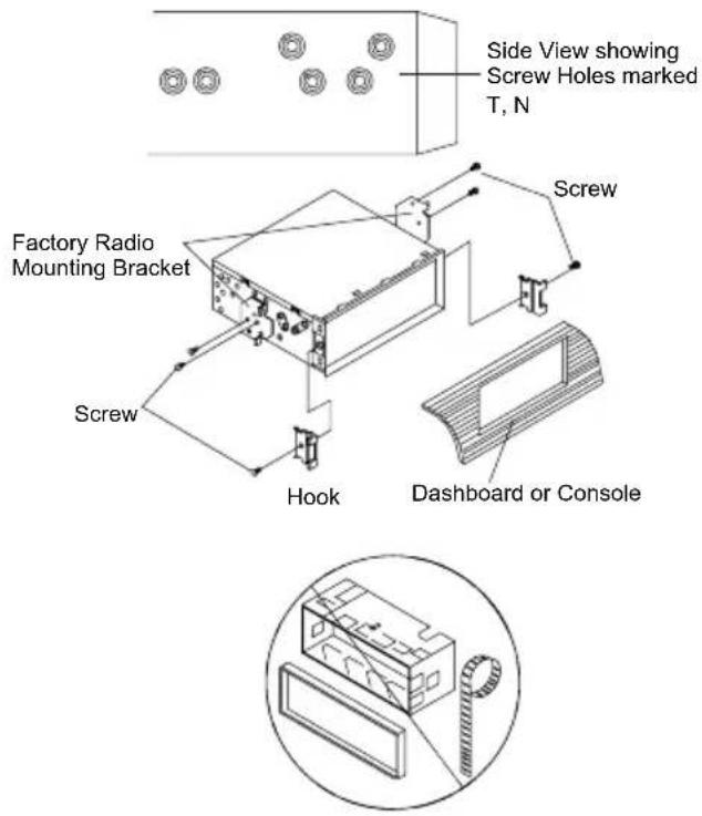 Side View showing Screw Holes marked T, N Screw Factory Radio Mounting Bracket Screw Hook Dashboard or Console
