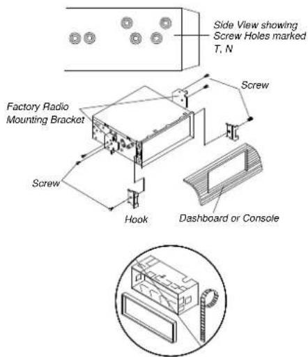 Side View showing Screw Holes marked T, N Factory Radio Mounting Bracket Screw Hook Dashboard or Console