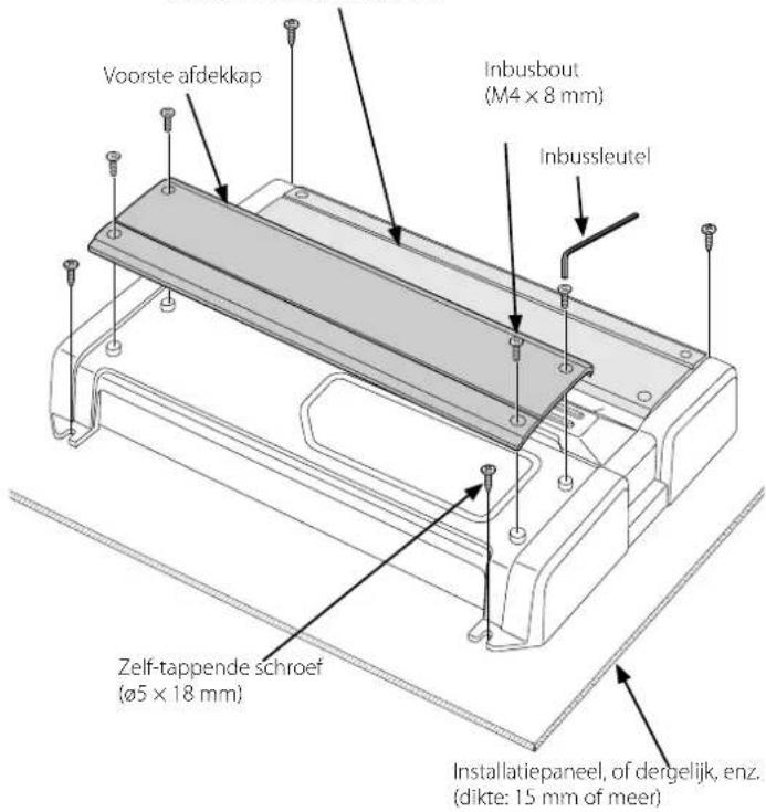 Voorste afdekkap Inbusbout (M4 x 8 mm) Inbussleutel Zelf-tappende schroef (ø5 x 18 mm) Installatiepaneel, of dergelijk, enz. (dikte: 15 mm of meer)