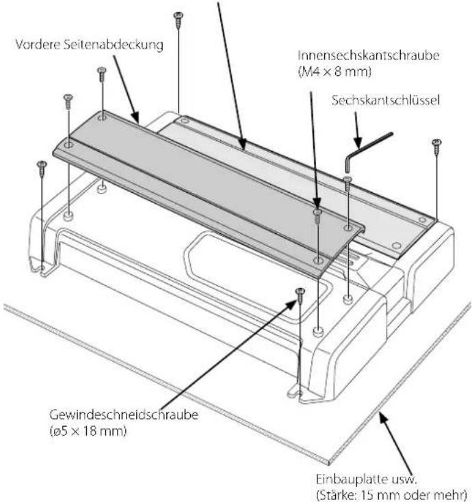 Vordere Seitenabdeckung Innensechskantschraube (M4 x 8 mm) Sechskantschlüssel Gewindeschneidschraube (ø5 x 18 mm) Einbauplatte usw. (Stärke: 15 mm oder mehr)