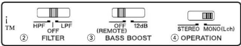 i TM ② HPF OFF LPF FILTER ③ OFF (REMOTE) 12dB BASS BOOST STEREO MONO(Lch) ④ OPERATION