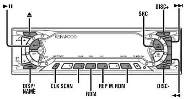 KENWOOD SRC DISC+ DISP/ NAME CLK SCAN RDM REP M.RDM DISC-