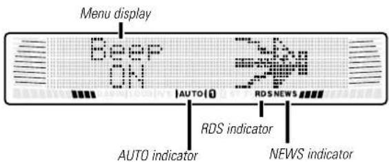 Menu display Beef ON AUTO 0 RDS NEWS RDS indicator AUTO indicator NEWS indicator