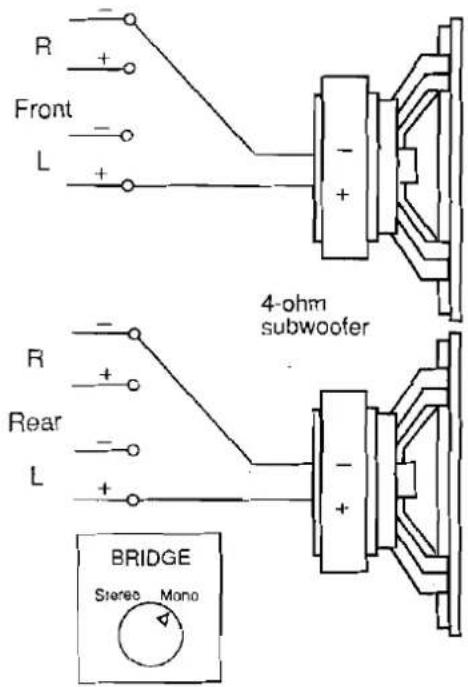 R + Front - L + - + 4-ohm subwoofer R + Rear - L + - + BRIDGE Stereo Mono