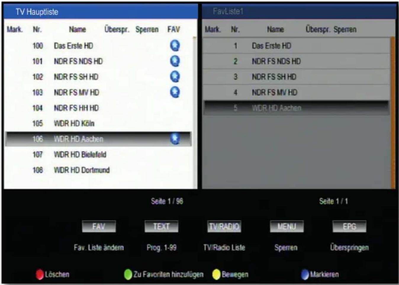 TV Hauptliste Mark. Nr. Name Überspr. Sperren FAV 100 Das Erste HD 101 NDR FS NDS HD 102 NDR FS SH HD 103 NDR FS MV HD 104 NDR FS HH HD 105 WDR HD Köln 106 WDR HD Aachen 107 WDR HD Bielefeld 108 WDR HD Dortmund FavListe1 Mark. Nr. Name Überspr. Sperren 1 Das Erste HD 2 NDR FS NDS HD 3 NDR FS SH HD 4 NDR FS MV HD 5 WDR HD Aachen Seite 1 / 96 Seite 1 / 1 FAV TEXT TV/RADIO MENU EPG Fav. Liste ändern Prog. 1-99 TV/Radio Liste Sperren Überspringen Löschen Zu Favoriten hinzufügen Bewegen Markieren