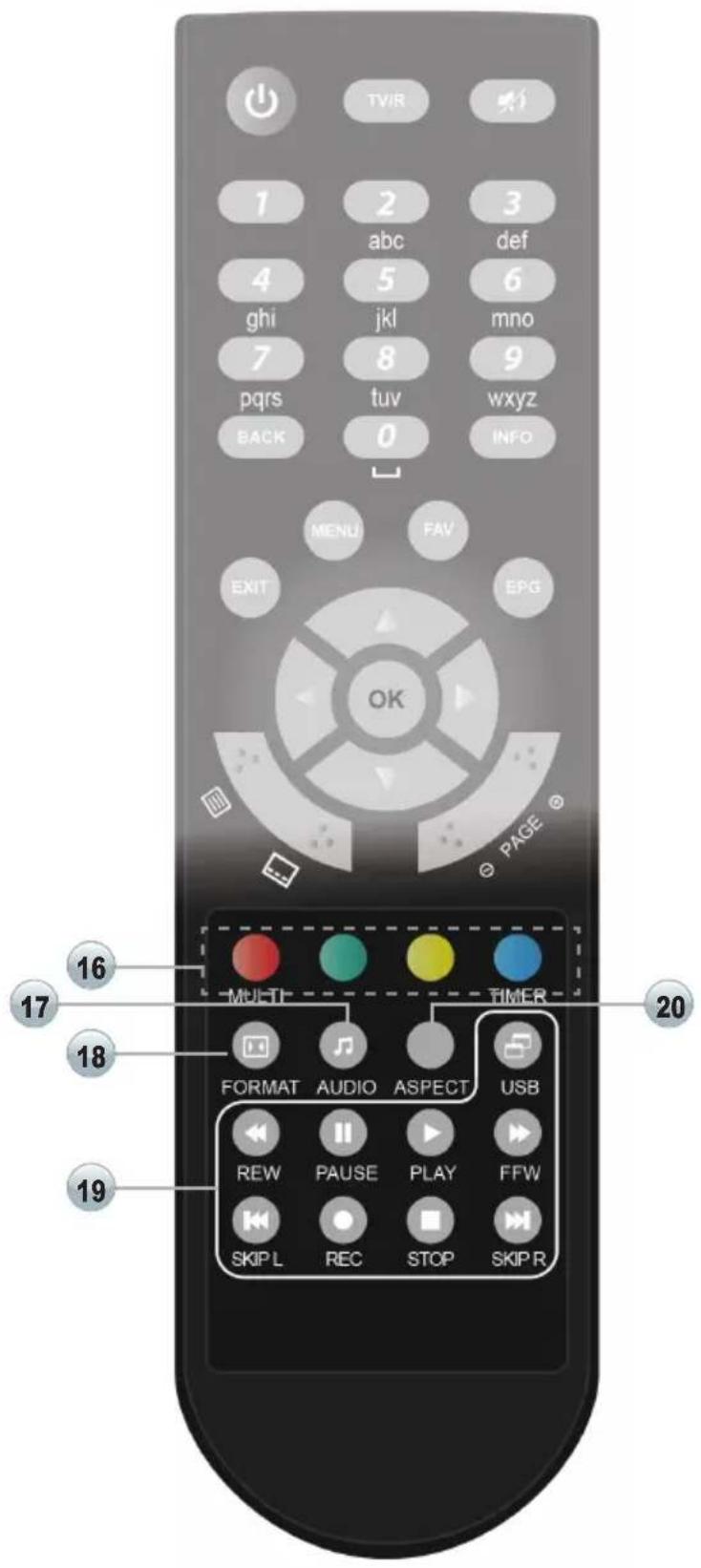 TVIR 1 2 3 abc def 4 5 6 ghi jkl mno 7 8 9 pqrs tuv wxyz BACK 0 INFO MENU FAV EXIT EPG OK PAGE MULTI TIMER FORMAT AUDIO ASPECT USB REW PAUSE PLAY FFW SKI L REC STOP SKIP R 16 17 18 19