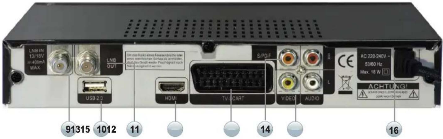 LNB IN 13/18V =400mA MAX. LNB OUT USB 2.0 91315 1012 11 Um das Risiko eines Feverausbrüche über einen steinrischer Schlag zu vermösten, dauft das Gerät wieder Feuchsgewicht noch Nicht ausgewert werden. S/PDIF HDMI TV-3CART V/DEDI AUDIO AC 220-240V - 50/60 Hz Max. 18 W ACHTUNG! SETARY CRESILENTLE KONAGES GEM: NICCH OR NEN 16