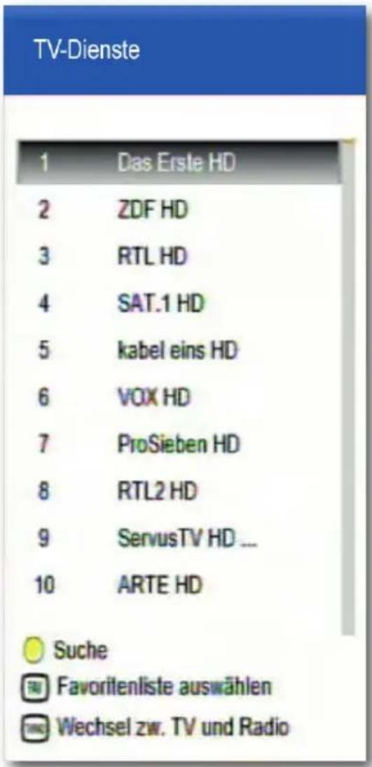 TV-Dienste 1 Das Erste HD 2 ZDF HD 3 RTL HD 4 SAT.1 HD 5 kabel eins HD 6 VOX HD 7 ProSieben HD 8 RTL2 HD 9 ServusTV HD ... 10 ARTE HD Suche Favoriteinliste auswählen Wechsel zw. TV und Radio