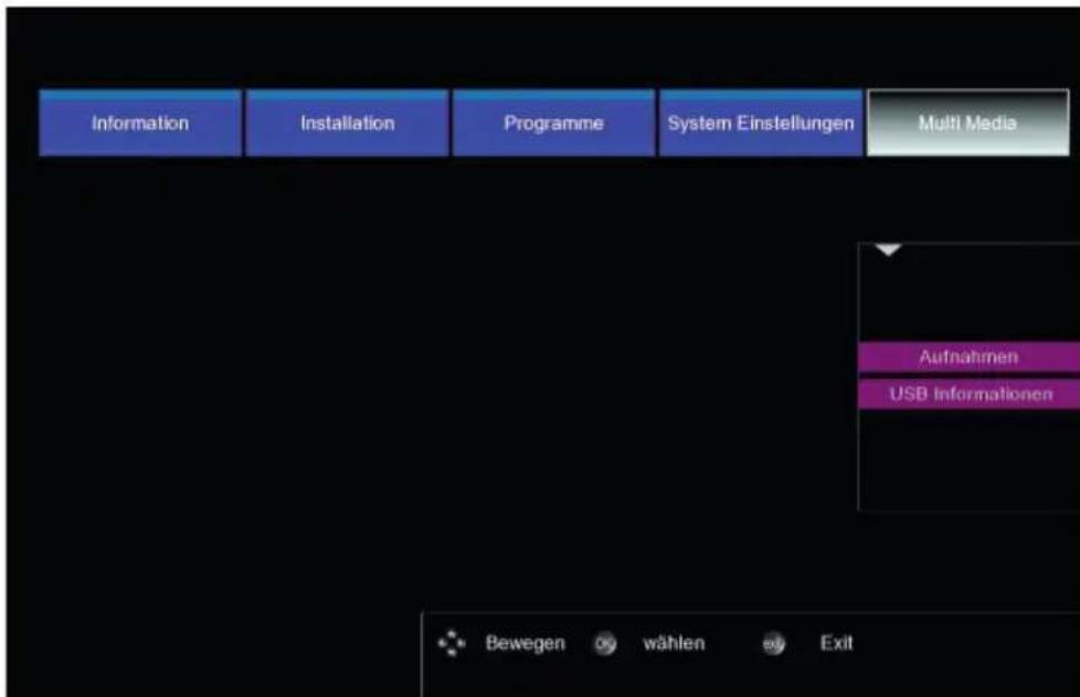 Information Installation Programme System Einstellungen Multi Media Aufnahmen USB Informationen Bewegen wählen Exit