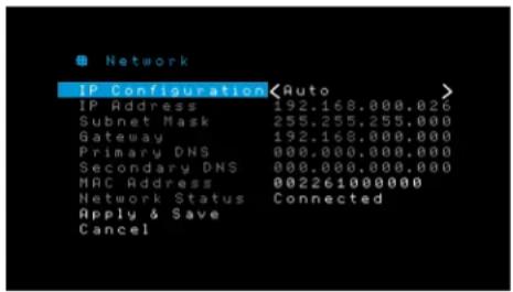Network IP Configuration IP Address 192.168.000.026 Subnet Mask 255.255.255.000 Gateway 192.168.000.000 Primary DNS 000.000.000.000 Secondary DNS 000.000.000.000 MAC Address 002261000000 Network Status Connected Apply & Save Cancel
