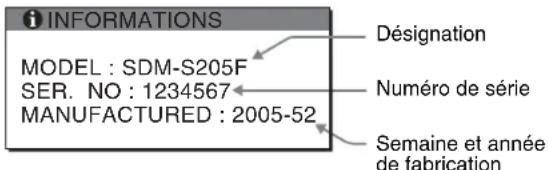 INFORMATIONS MODÈLE : SDM-S205F SER. NO : 1234567 FABRIQUÉ : 2005-52 Désignation Numéro de série Semaine et année de fabrication