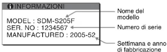 INFORMAZIONI MODEL : SDM-S205F SER. NO : 1234567 MANUFACTURED : 2005-52 Nome del modello Numero di serie Settimana e anno di fabbricazione