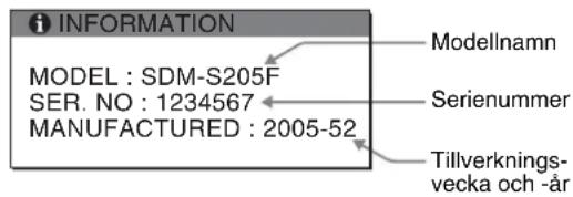 i INFORMATION MODEL : SDM-S205F SER. NO : 1234567 MANUFACTURED : 2005-52 Modellnamn Serienummer Tillverknings- vecka och -år