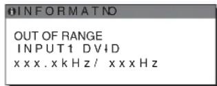 INFORMATND OUT OF RANGE INPUT1 DVID xxxx.xkHz/xxxxz