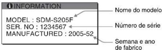 INFORMATION MODEL : SDM-S205F SER. NO : 1234567 MANUFACTURED : 2005-52 Nome do modelo Número de série Semana e ano de fabrico