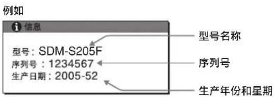 例如 信息 型号：SDM-S205F 序列号：1234567 生产日期：2005-52 型号名称 序列号 生产年份和星期