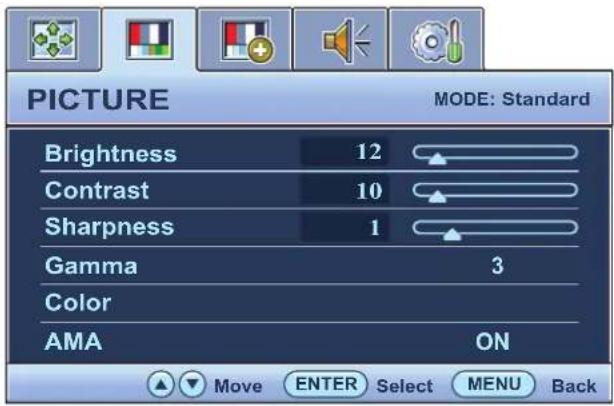 PICTURE MODE: Standard Brightness 12 Contrast 10 Sharpness 1 Gamma 3 Color AMA ON Move ENTER Select MENU Back