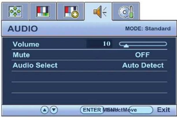 AUDIO MODE: Standard Volume 10 Mute OFF Audio Select Auto Detect ENTER MSelectMove Exit
