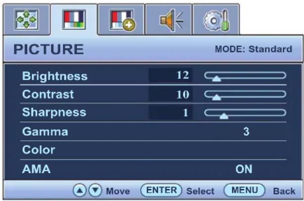 PICTURE MODE: Standard Brightness 12 Contrast 10 Sharpness 1 Gamma 3 Color AMA ON Move ENTER Select MENU Back