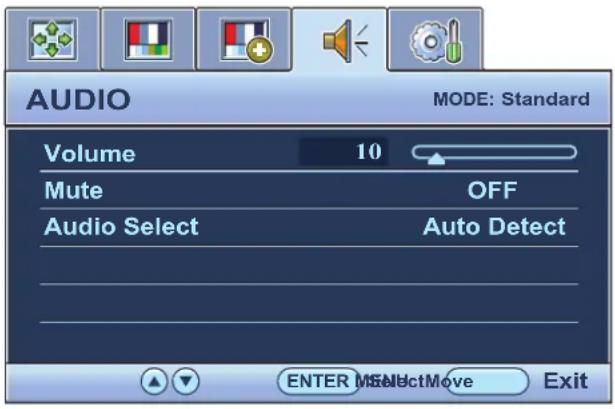 AUDIO MODE: Standard Volume 10 Mute OFF Audio Select Auto Detect ENTER SELECTMove Exit
