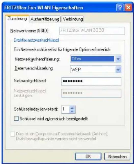 AVM Fritz!Box 3030 WLAN - WLAN-Verbindungseinstellungen in Windows XP: - 2