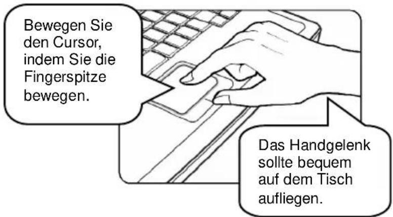 Bewegen Sie den Cursor, indem Sie die Fingerspitze bewegen. Das Handgelenk sollte bequem auf dem Tisch aufliegen.