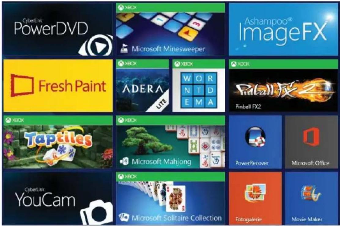 CyberLink PowerDVD Microsoft Minesweeper Fresh Paint ADERA W O R N T D E M A Pinball FX2 Taptiles Microsoft Mahjong PowerRecover Microsoft Office YouCam Microsoft Solitaire Collection Fotogalerie Movie Maker