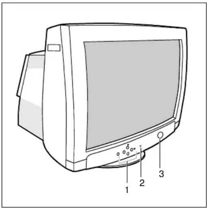 Diagram of a desktop computer with labeled parts including front panel, screen, and buttons