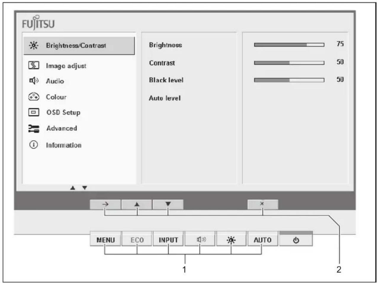 FUJITSU Brightness/Contrast Image adjust Audio Colour OSD Setup Advanced Information Brightness Contrast Black level Auto level 75 50 50 MENU ECO INPUT AUTO 2