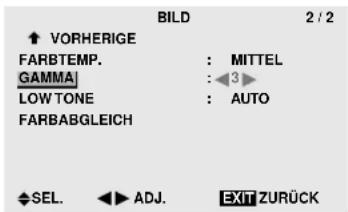 BILD 2 / 2 ↑ VORHERIGE FARBTEMP. : MITTEL GAMMA : 3 LOW TONE : AUTO FARBABGLEICH SEL. ADJ. EXIT ZURÜCK