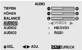 AUDIO TIEFEN HÖHEN BALANCE AUDIO1 AUDIO2 AUDIO3 : VIDEO2 : HD/DVD1 : RGB1 SEL. ADJ. EXIZURÜCK