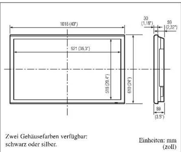 1018 (40') 921 (36,3') 518 (20,4') 610 (24') 30 (1,18') 59 (2,32') 89 (3,5') Zwei Gehäusefarben verfügbar: schwarz oder silber. Einheiten: mm (zoll)