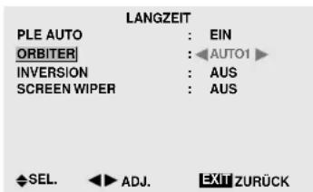 LANGZEIT PLE AUTO : EIN ORBITER : AUTO1 INVERSION : AUS SCREEN WIPER : AUS SEL. ADJ. EXIT ZURÜCK
