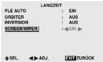 LANGZEIT PLE AUTO : EIN ORBITER : AUS INVERSION : AUS SCREEN WIPER : ←EIN ► SEL. ←ADJ. EXIT ZURÜCK