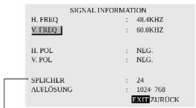 SIGNAL INFORMATION H. FREQ : 48.4KHZ V. FREQ : 60.0KHZ II. POL : NEG. V. POL : NEG. SPLICHER : 24 AUFLÖSUNG : 1024 768 EXIT ZURÜCK