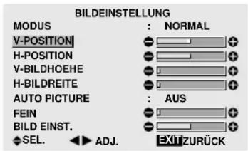BILDEINSTELLUNG MODUS : NORMAL V-POSITION H-POSITION V-BILDHOEHE H-BILDREITE AUTO PICTURE : AUS FEIN BILD EINST. SEL. ADJ. EXIT ZURÜCK