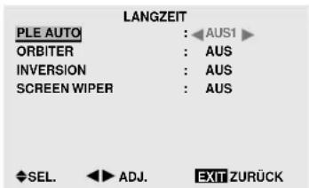 LANGZEIT PLE AUTO : AUS1 ORBITER : AUS INVERSION : AUS SCREEN WIPER : AUS SEL. ADJ. EXIT ZURÜCK