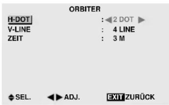 ORBITER H-DOT : 2 DOT V-LINE : 4 LINE ZEIT : 3 M SEL. ADJ. EXIT ZURÜCK
