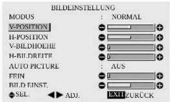 BILDEINSTELLUNG MODUS : NORMAL V-POSITION H-POSITION V-BILDHOEHE H-BILDREITF AUTO PICTURE : AUS FIN BILD INST. SEL. ADJ. EXIT ZURÜCK