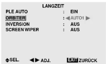 LANGZEIT PLE AUTO : EIN ORBITER : AUTO1 INVERSION : AUS SCREEN WIPER : AUS SEL. ADJ. EXIT ZURÜCK
