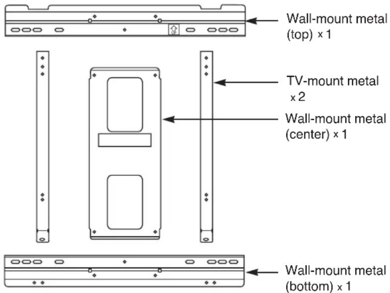 Wall-mount metal (top) x 1 TV-mount metal x 2 Wall-mount metal (center) x 1 Wall-mount metal (bottom) x 1