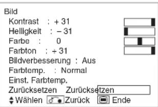 Bild Kontrast : +31 Helligkeit : -31 Farbe : 0 Farbton : +31 Bildverbesserung : Aus Farblemp. : Normal Einst. Farblemp. Zurücksetzen Zurücksetzen Wählen Zurück Ende