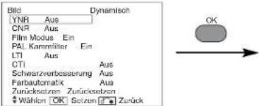 Bild YNR Aus Dynamisch CNR Aus Film Modus Ein PAL Kammlifter Ein LTI Aus CTI Aus Schwarzverbesserung Aus Farbautomatix Aus Zurücksetzen Zurücksetzen Wählern OK Solzen Zürück