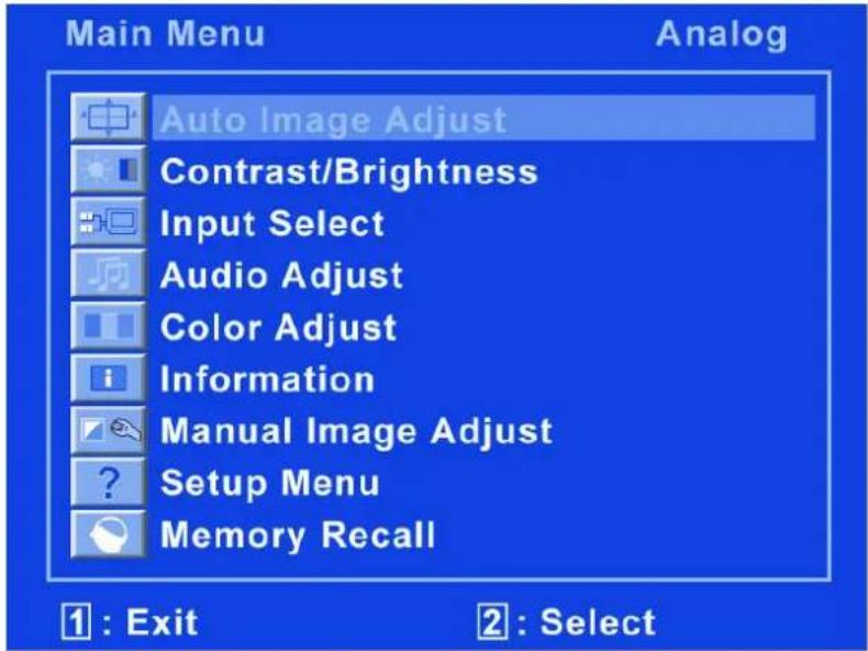 Main Menu Analog Auto Image Adjust Contrast/Brightness Input Select Audio Adjust Color Adjust Information Manual Image Adjust Setup Menu Memory Recall 1 : Exit 2 : Select