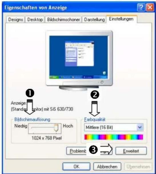 Eigenschaften von Anzeige Designs Desktop Bildschirmschoner Darstellung Einstellungen Anzeige (Standard Ignitor) mit SiS 630/730 Bildschirmauflosung Niedrig Hoch 1024 x 768 Pixel Farbqualität Mittlere (16 Bit) Problem: Erweitert OK Abbrechen Ugemehmen