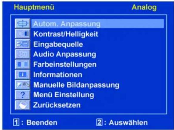 Hauptmenü Analog Autom. Anpassung Kontrast/Helligkeit Eingabequelle Audio Anpassung Farbeinstellungen Informationen Manuelle Bildanpassung Menü Einstellung Zurücksetzen 1 : Beenden 2 : Auswählen