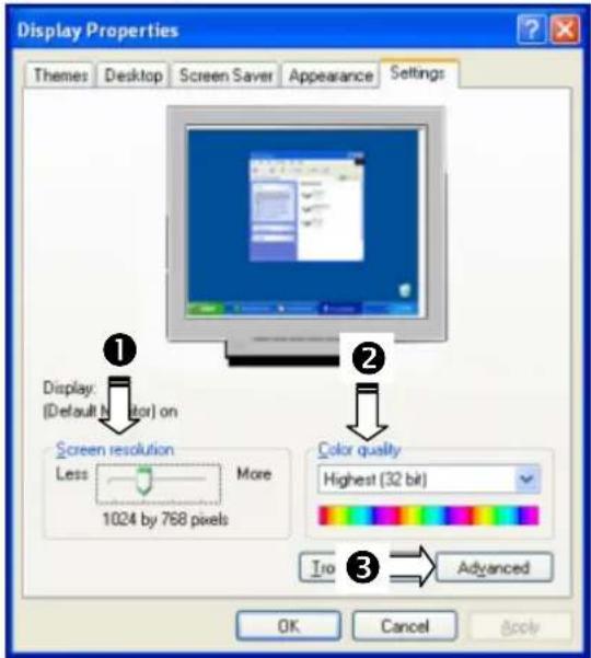 Display Properties Themes Desktop Screen Saver Appearance Settings ① Display (Default Monitor) on Screen resolution Less More 1024 by 768 pixels ② Color quality Highest (32 bit) Iro Advanced OK Cancel Apply