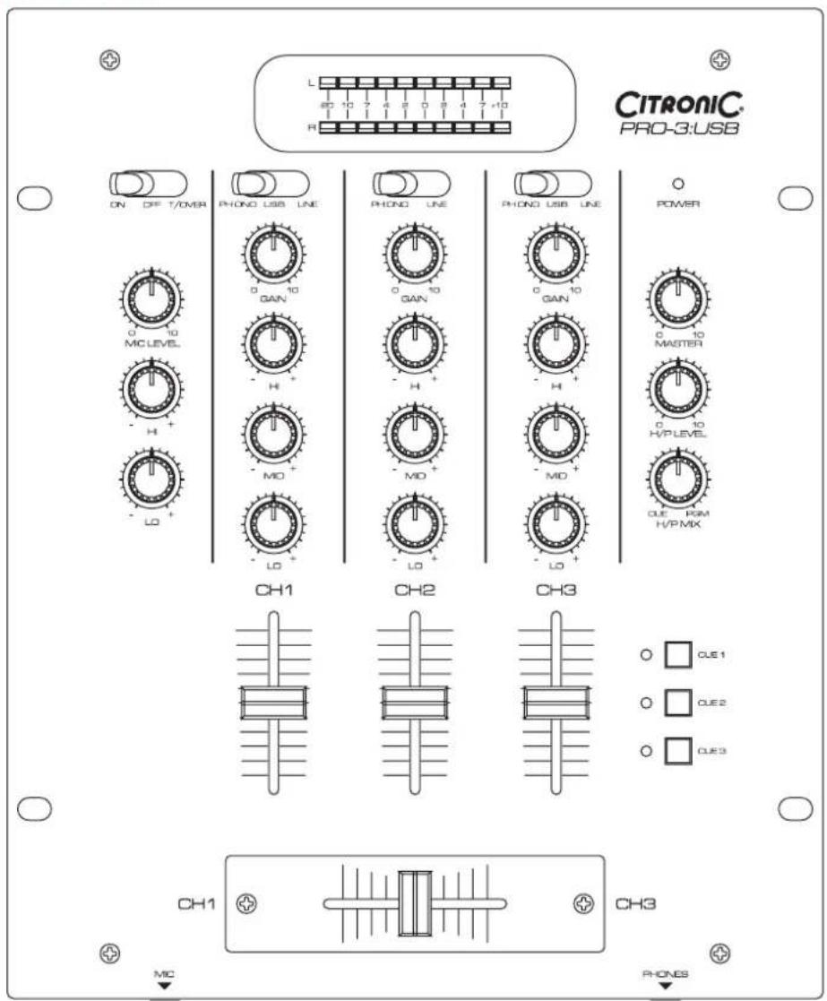 L 80 10 T R CITRONIC® PRO-3:USB ON OFF T/POWER PHONO USB LINE 0 10 GAIN H+ MO+ LO+ PHONO LINE 0 10 GAIN H+ MO+ LO+ PHONO USB LINE 0 10 GAIN H+ MO+ LO+ POWER 0 10 MASTER 0 10 H/P LEVEL CHE RAM H/P MIX CH1 CH2 CH3 CUE1 CUE2 CUE3 CH1 CH3 MIC PHONES
