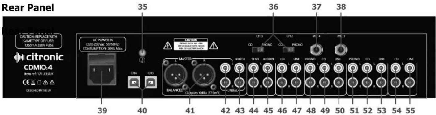 Rear Panel CAUTION: REPLACE WITH SAME TYPE OF FUSE: T250mA 250V FUSE AC POWER IN (220-230Vac. 50/60Hz) CONSUMPTION: 30VA Max. CAUTION DO NOT OPEN NO USER BEVERABLE PARTS INSERT RARE OF ELECTRIC SHOCK CH4 CH3 35 36 37 38 39 40 41 42 43 44 45 46 47 48 49 50 51 52 53 54 55 MH 4 PHONO CD PHONO PHONO CD PHONO L LINE PHONO CD LINE PHONO CD LINE CD LINE BALANCED Outputs: 0dilu (775mV) UNIBAL